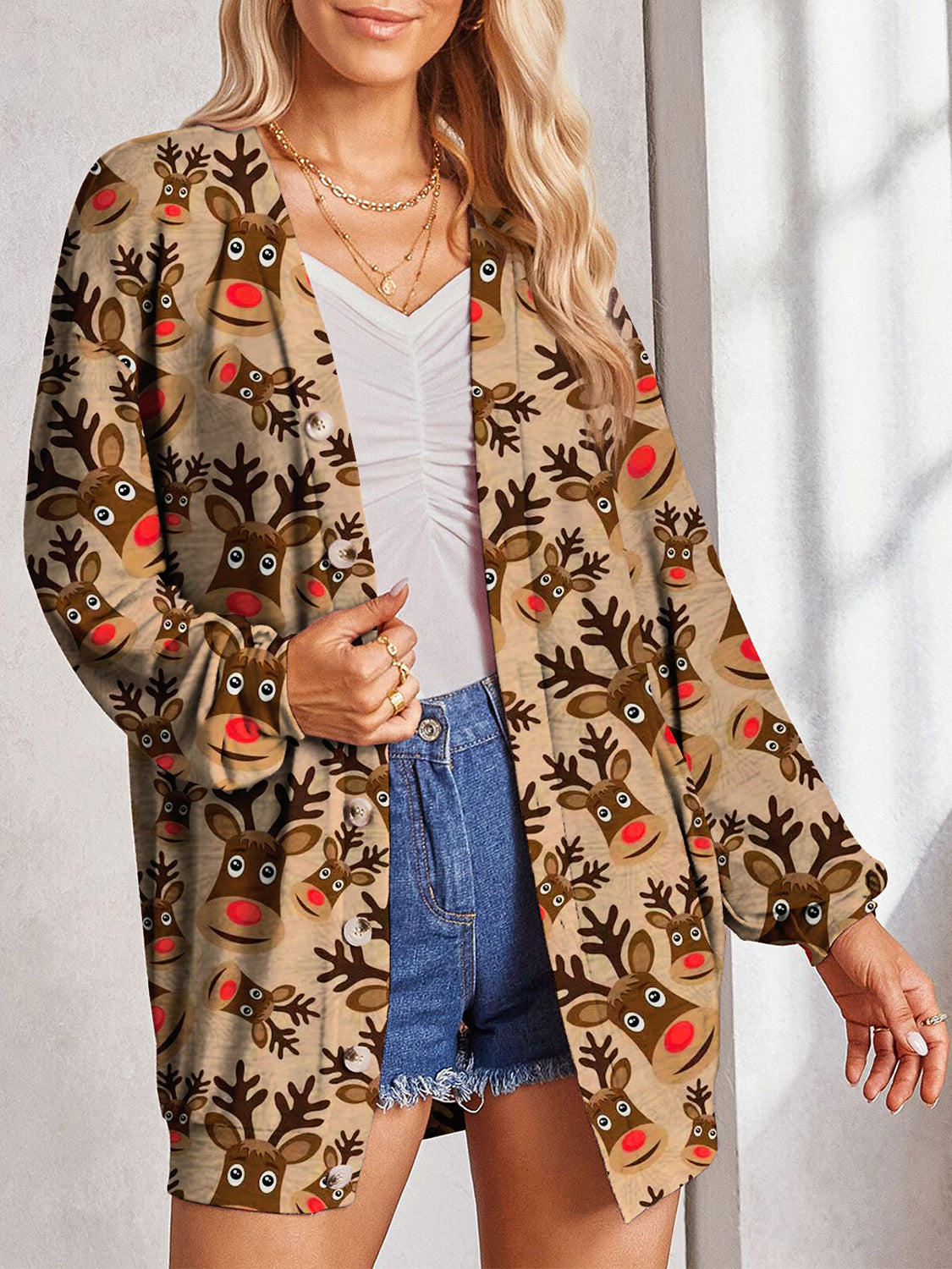 Printed Button Up Long Sleeve Cardigan