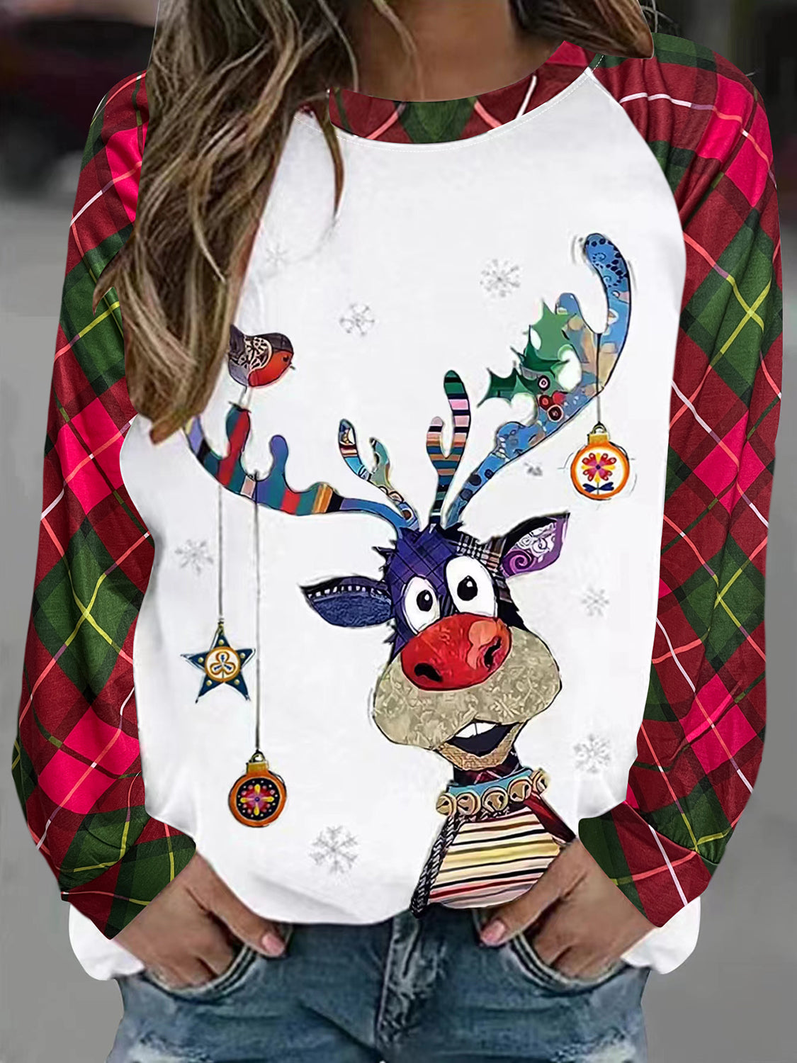 Plus Size Reindeer Graphic Plaid Long Sleeve T-Shirt