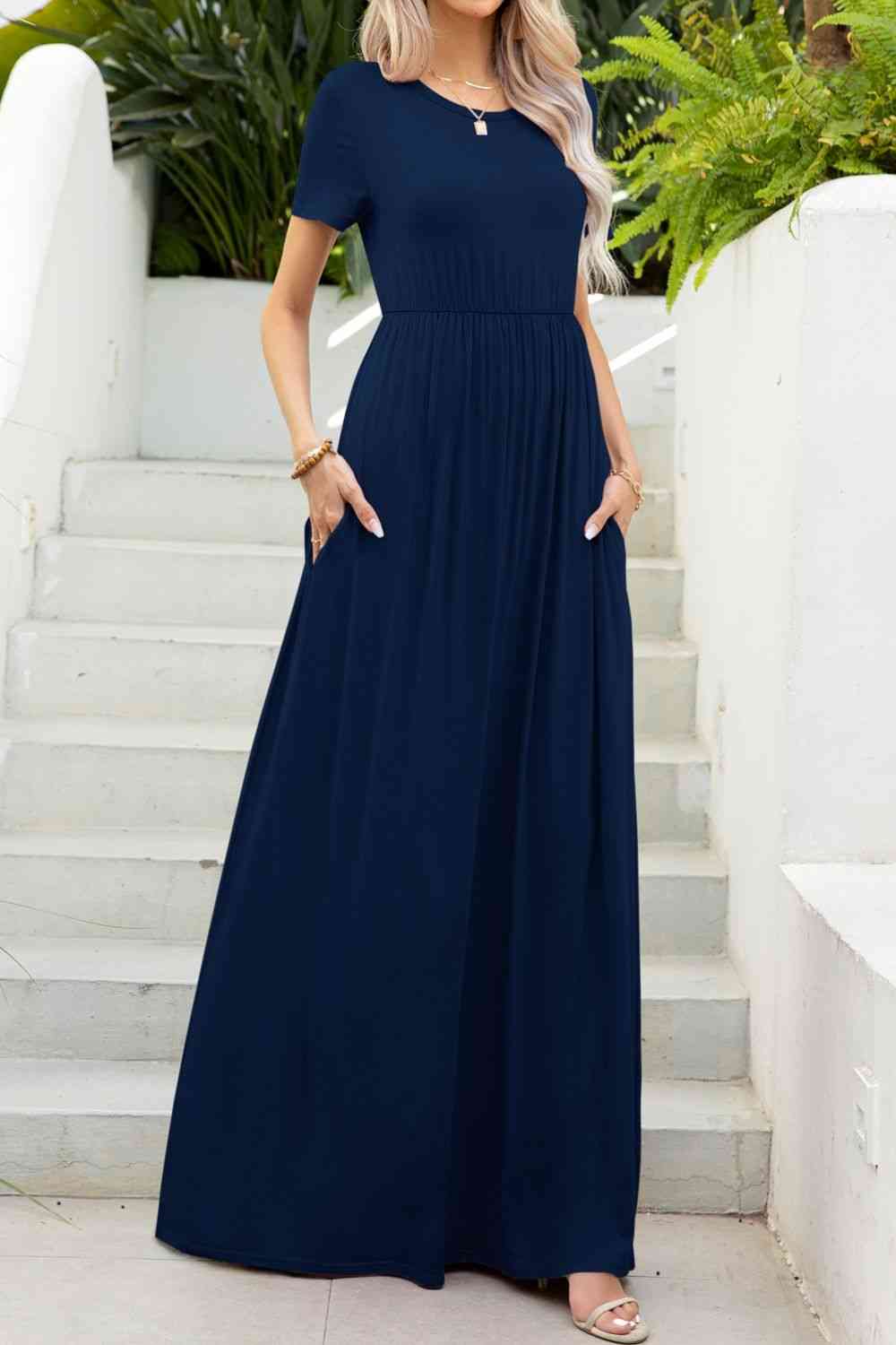 Round Neck Maxi Tee Dress with Pockets