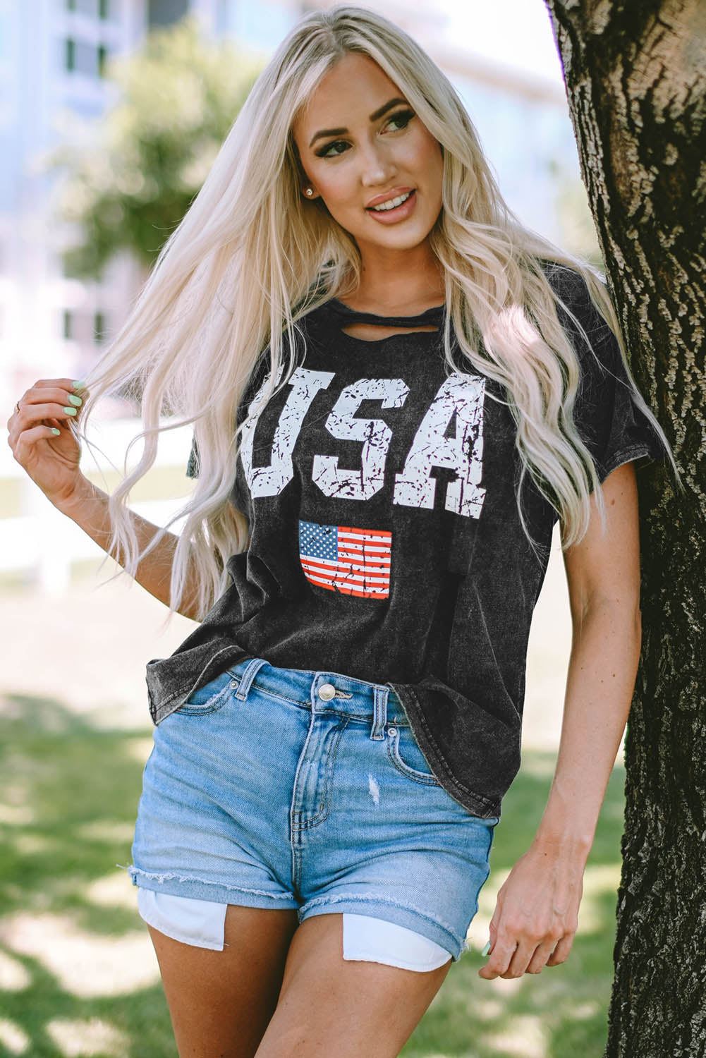 USA Cutout Round Neck Short Sleeve T-Shirt