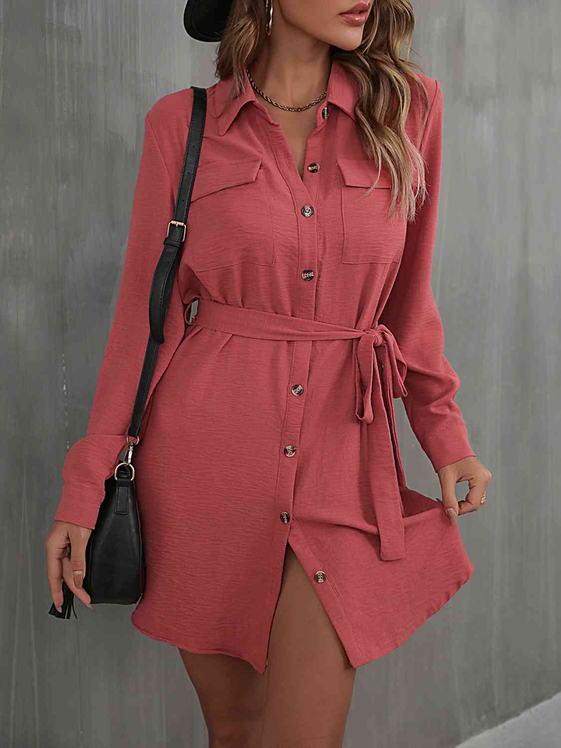 Button Down Belted Long Sleeve Shirt Dress