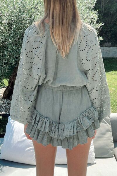 Eyelet Half Button Top and Shorts Set