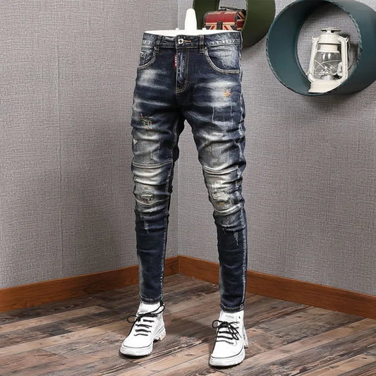 Fashion Streetwear Men Jeans Retro Black Blue Elastic Slim Fit Ripped Jeans Men Spliced Designer Embroidery Hip Hop Denim Pants