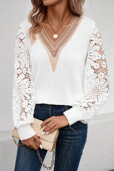 Lace Detail V-Neck Long Sleeve Blouse