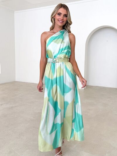 Printed Ruched One Shoulder Dress