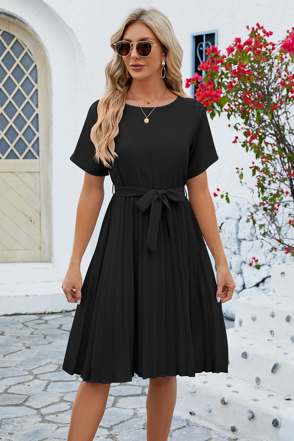 Pleated Tie Waist Short Sleeve Dress