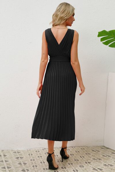 Surplice Sleeveless Midi Pleated Dress