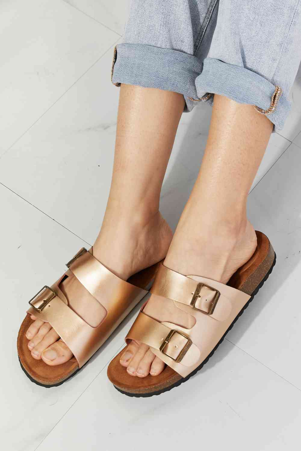 MMShoes Best Life Double-Banded Slide Sandal in Gold