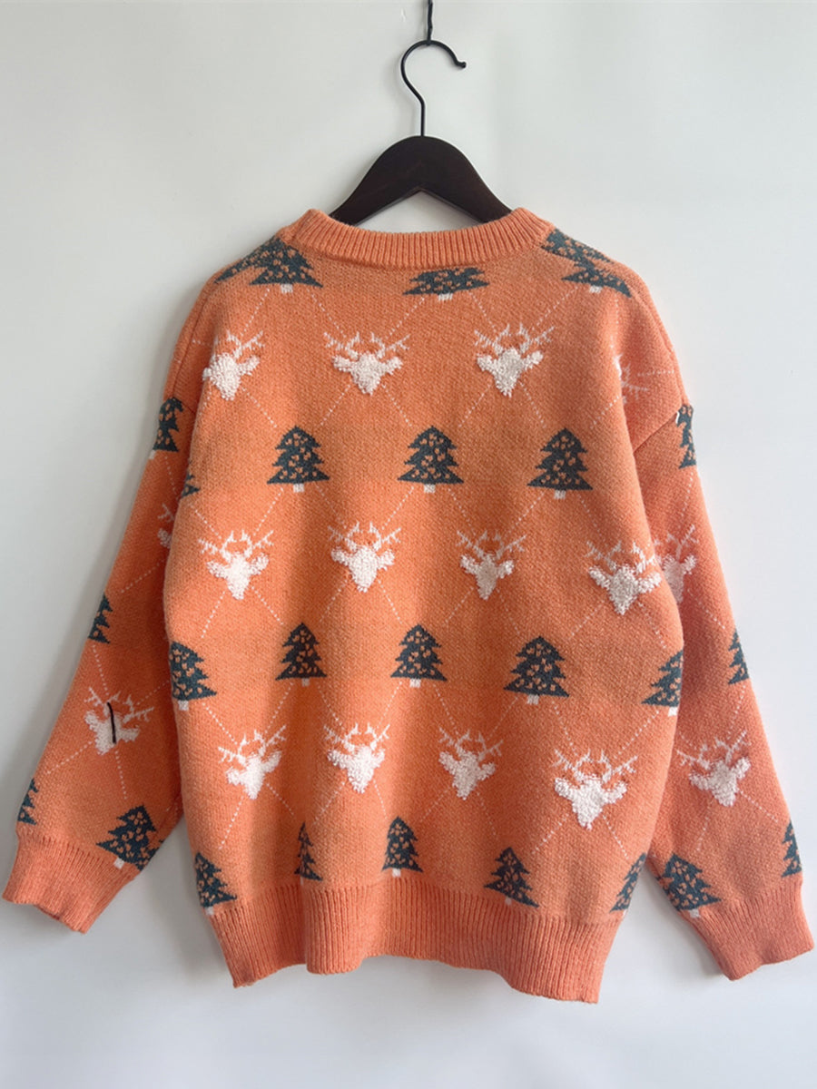 Christmas Tree & Reindeer Round Neck Sweater