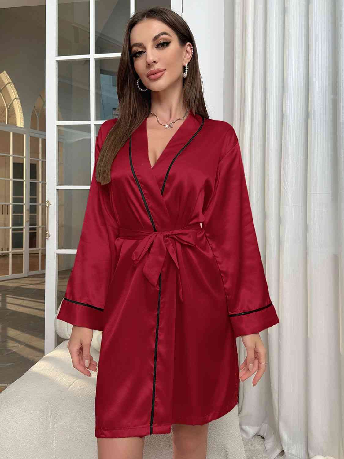 Tie Waist Surplice Neck Robe