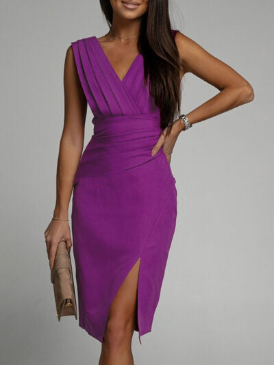 Slit Ruched Surplice Tank Dress