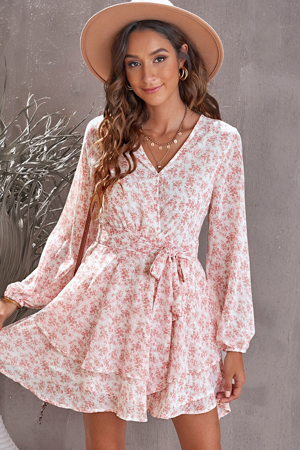 Floral Surplice Balloon Sleeve Layered Dress