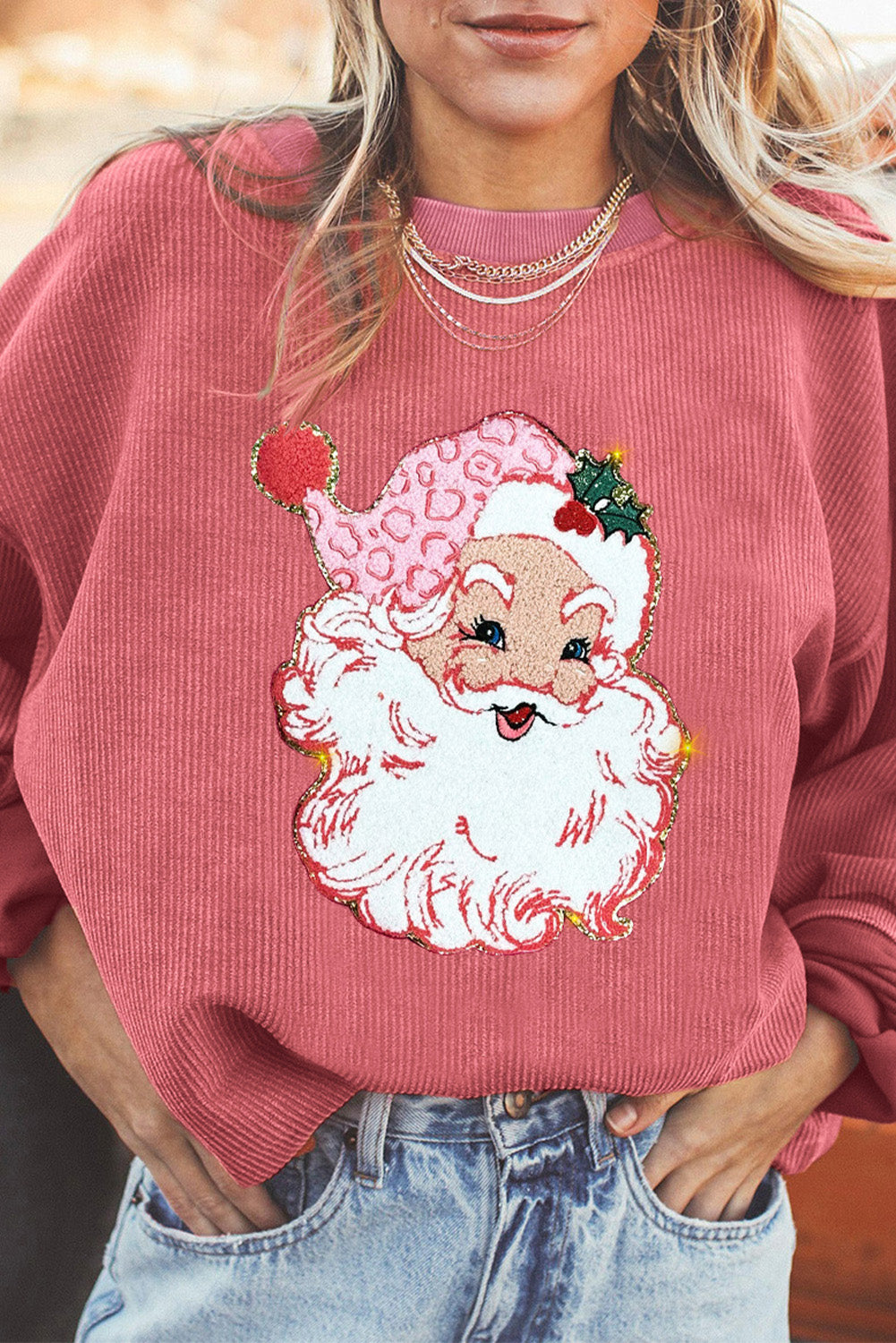 Ribbed Santa Graphic Round Neck Sweatshirt