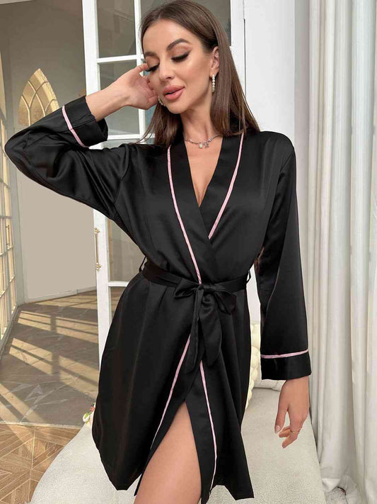 Tie Waist Surplice Neck Robe