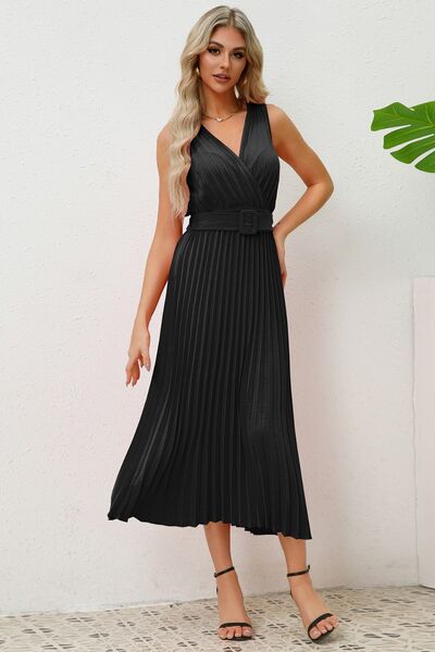 Surplice Sleeveless Midi Pleated Dress