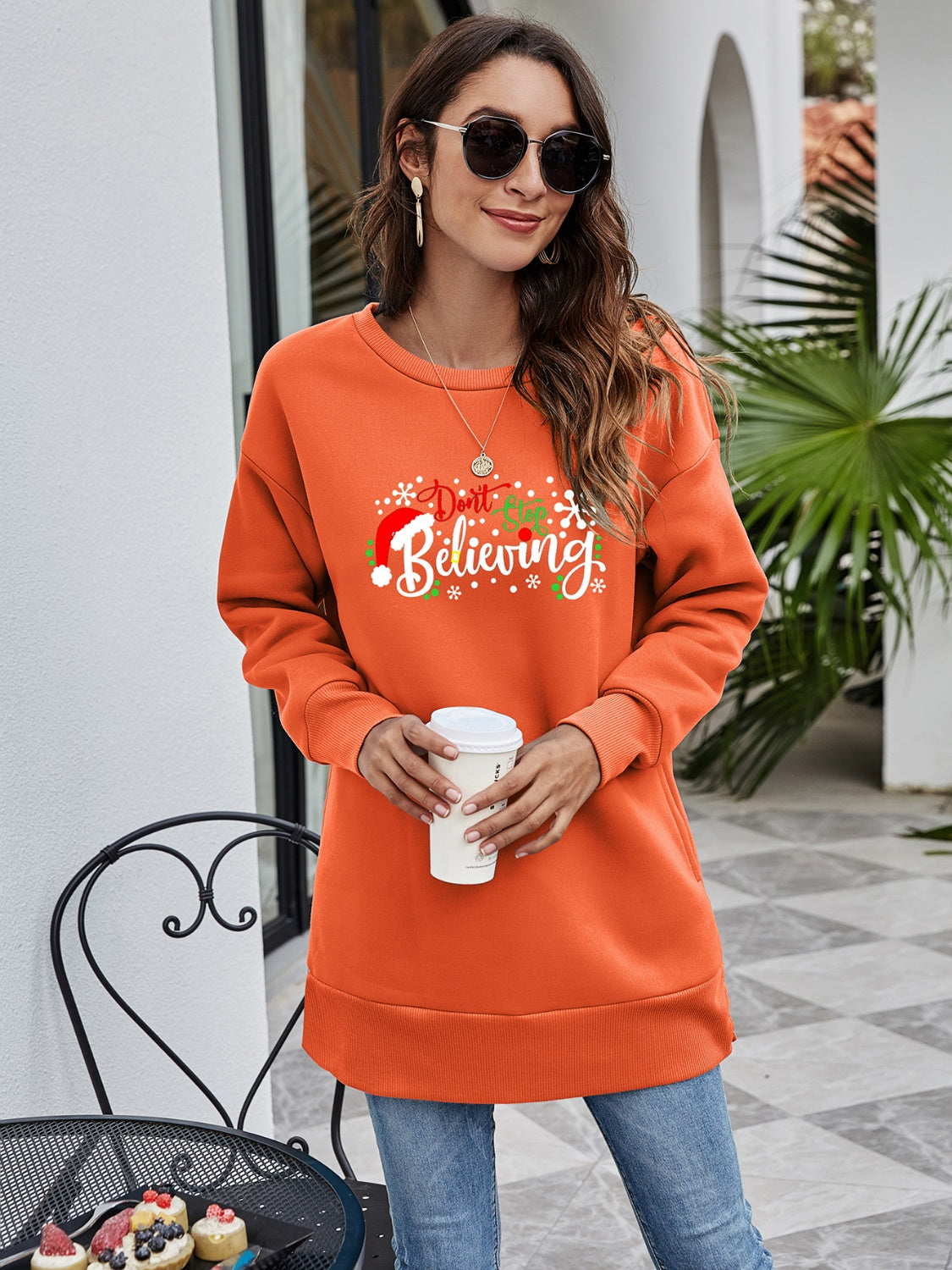 DON'T STOP BELIEVING Graphic Drop Shoulder Sweatshirt